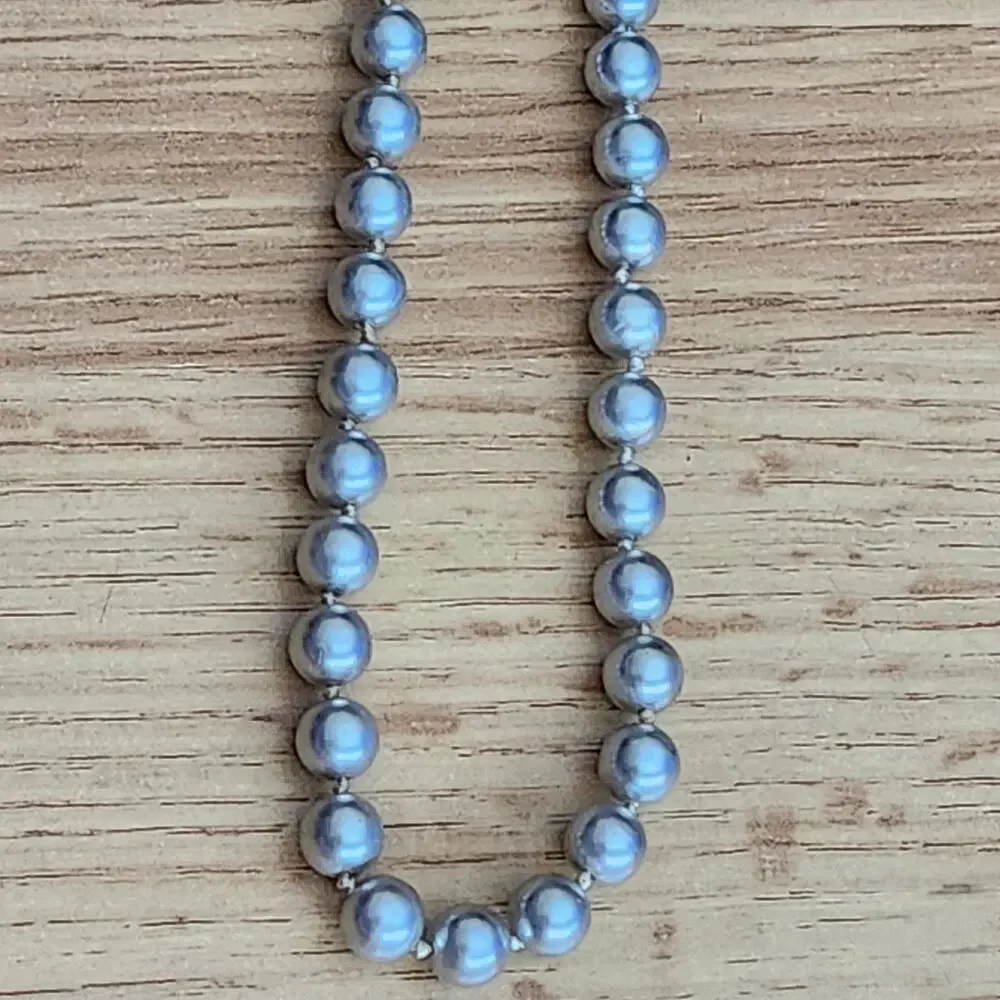 Vintage Gray Faux Pearl Strand Necklace Graduated Knotted 24in‎ Fishhook Clasp